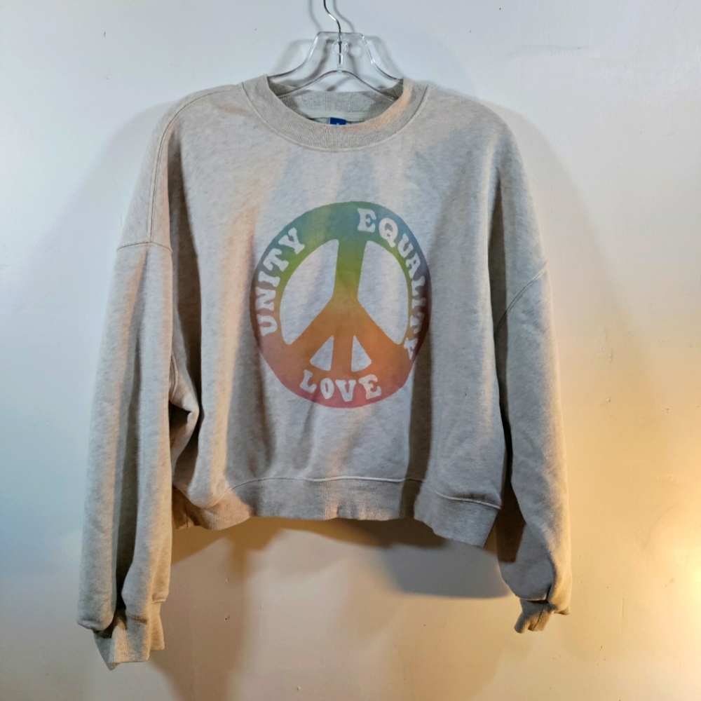 Mid drift Sweatshirt with screen print of "UNITY, LOVE, EQUALITY" on the front